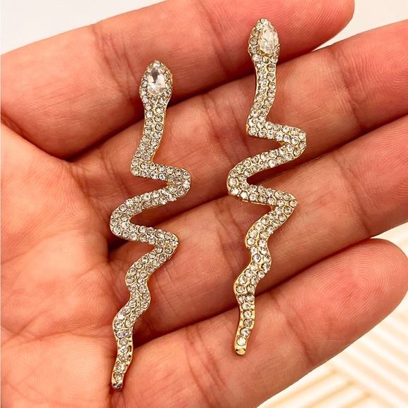 Gold snake statement earrings- snake rhinestone earrings- gold drop earrings - Picture 4 of 6